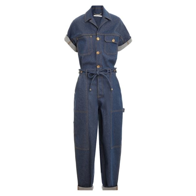 Zimmermann structured Matchmaker denim boiler jumpsuit with shortsleeves and sinched waist