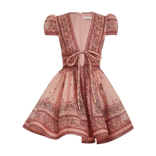 Zimmermann Matchmaker structured linen and silk mini dress with plunging neckline, puff sleeves, and bow detailing