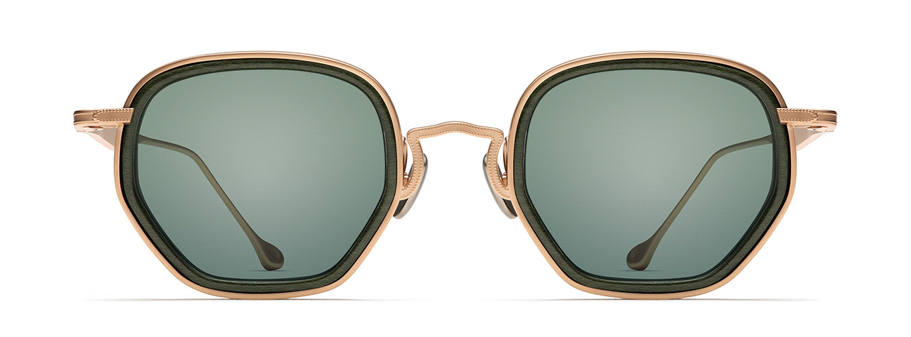 Morgenthal Frederics rose gold frame sunglasses with wood lens frame and green tinted lenses