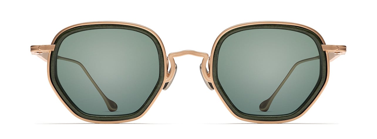 Morgenthal Frederics rose gold frame sunglasses with wood lens frame and green tinted lenses