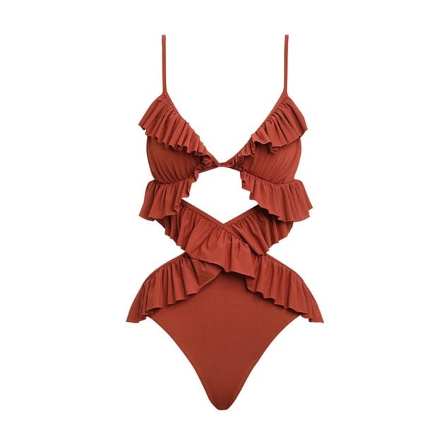 Zimmermann red ruffle one-piece bathing suit with cascading asymmetric ruffles
