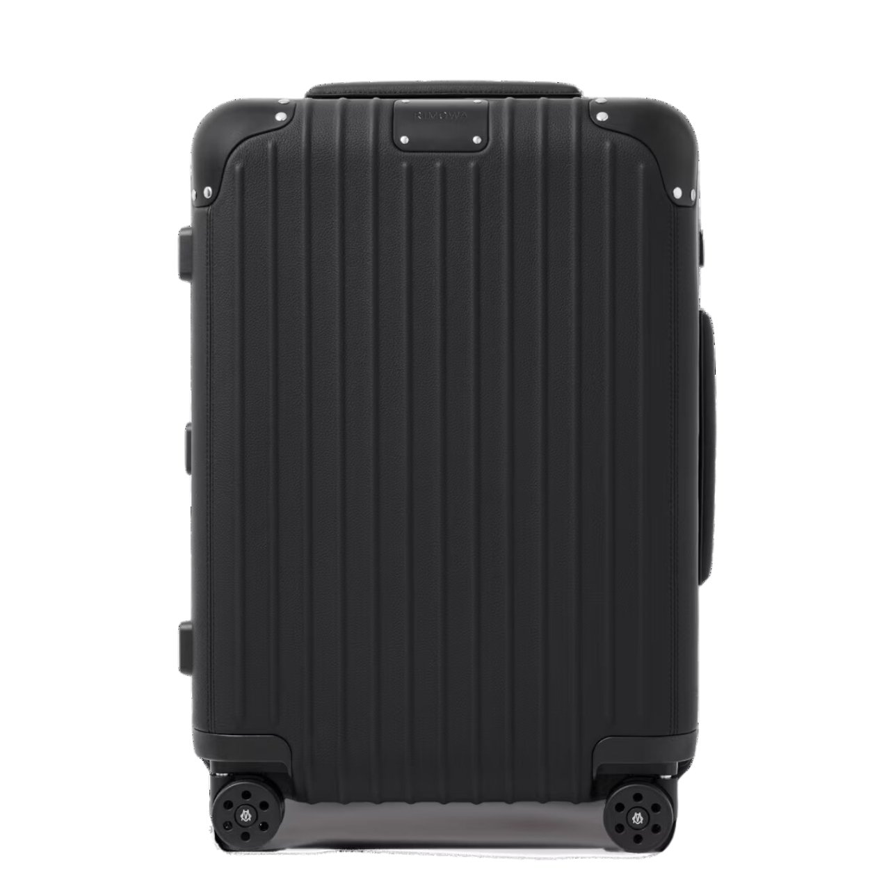 Black Rimowa cabin luggage made of leather and anodized aluminum