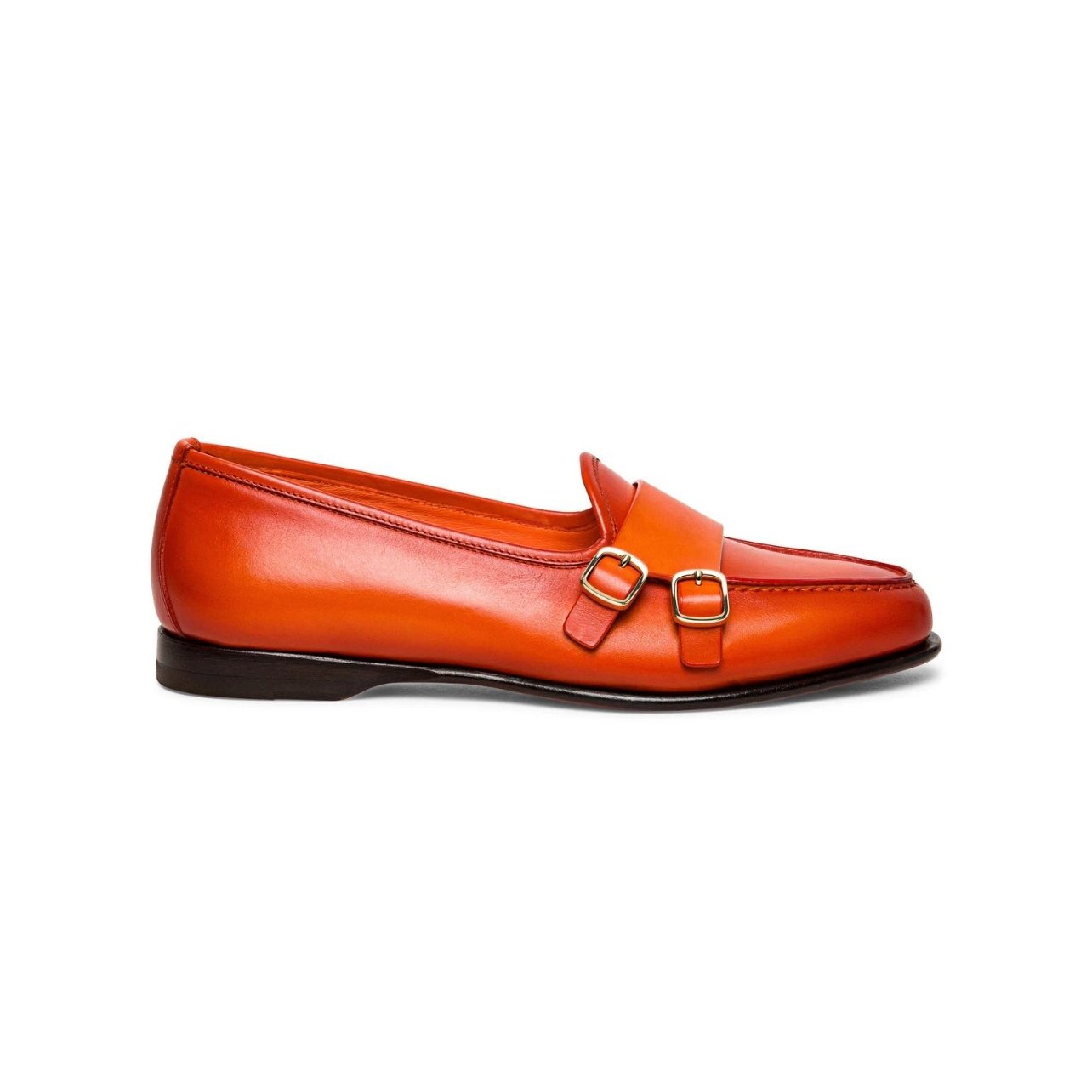 Santoni orange leather loafers with gold double buckle