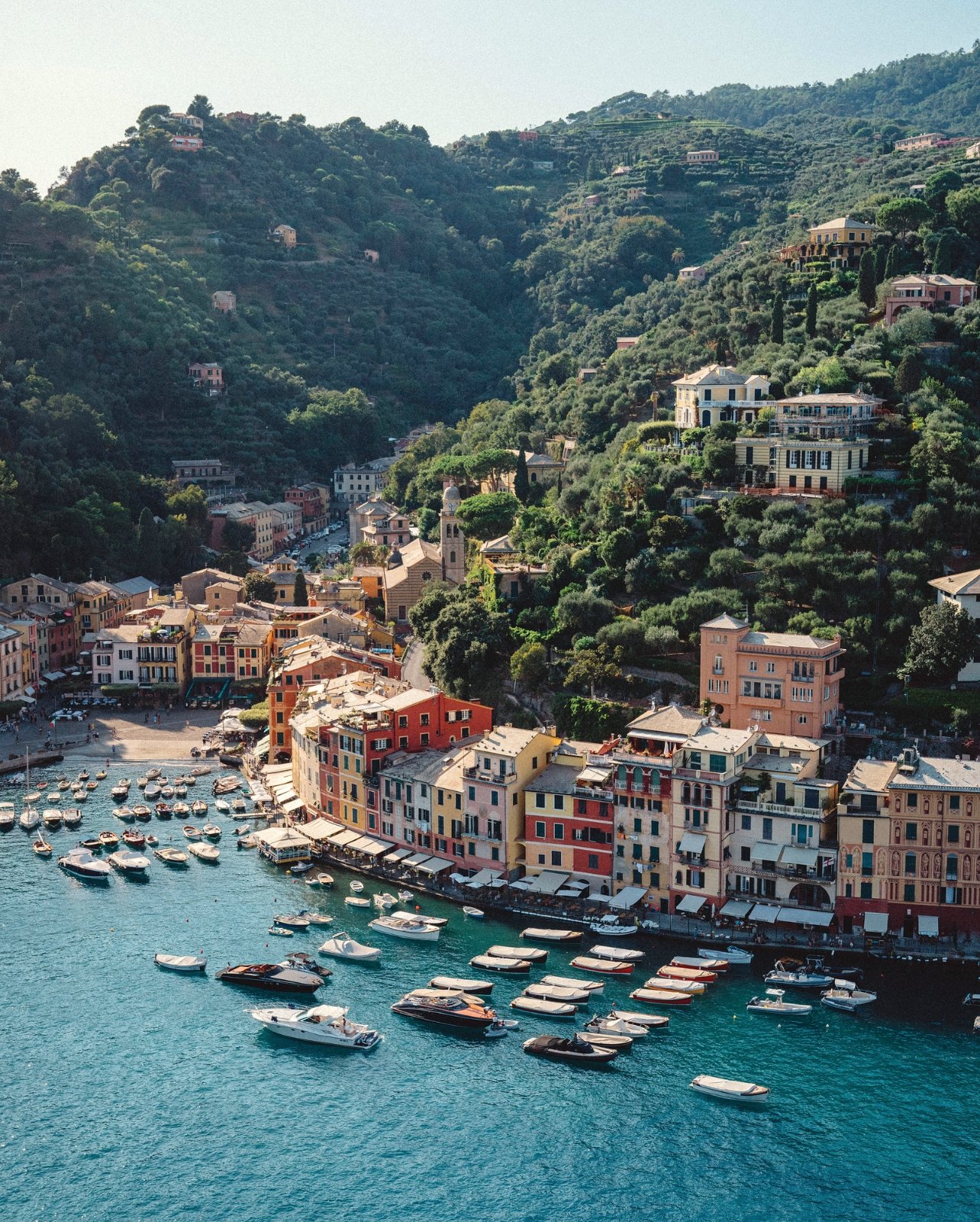 View of Splendido in Portofino, Italy with boats docked out front