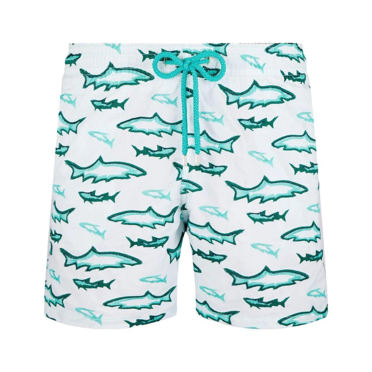 Vilebrequin swim trunks in white with embroidered 3D green sharks