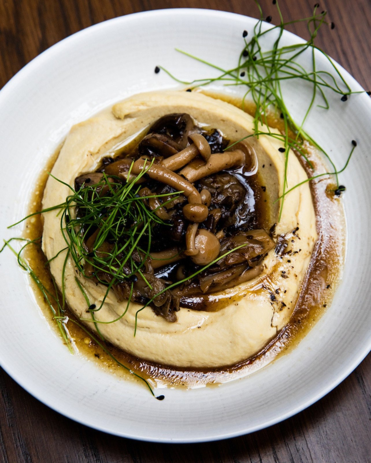 Top view of Aba’s signature mushroom hummus