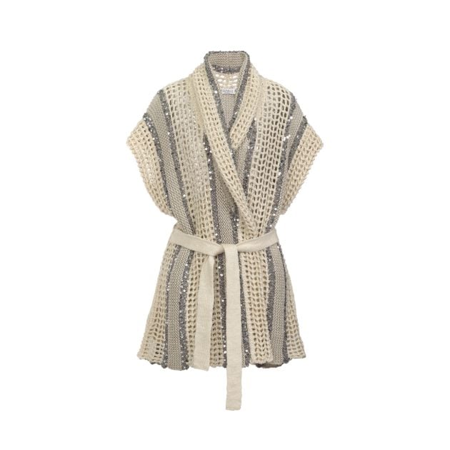 Brunello Cucinelli striped belted net neutral cardigan