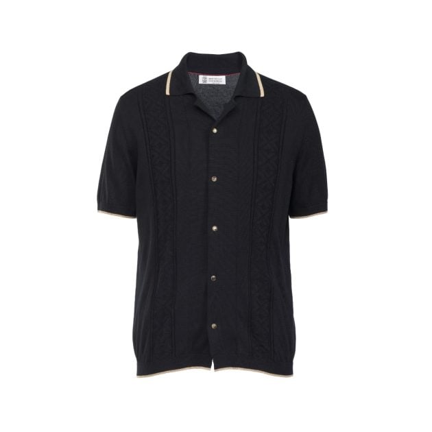 Brunello Cucinelli navy cotton knit polo shirt