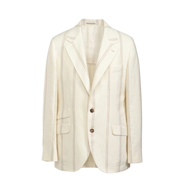 Brunello Cucinelli cream double chalk stripe suit set