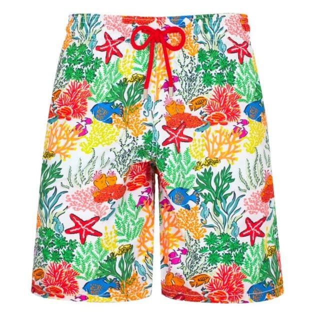Long swim shorts in multicolor embroidered print