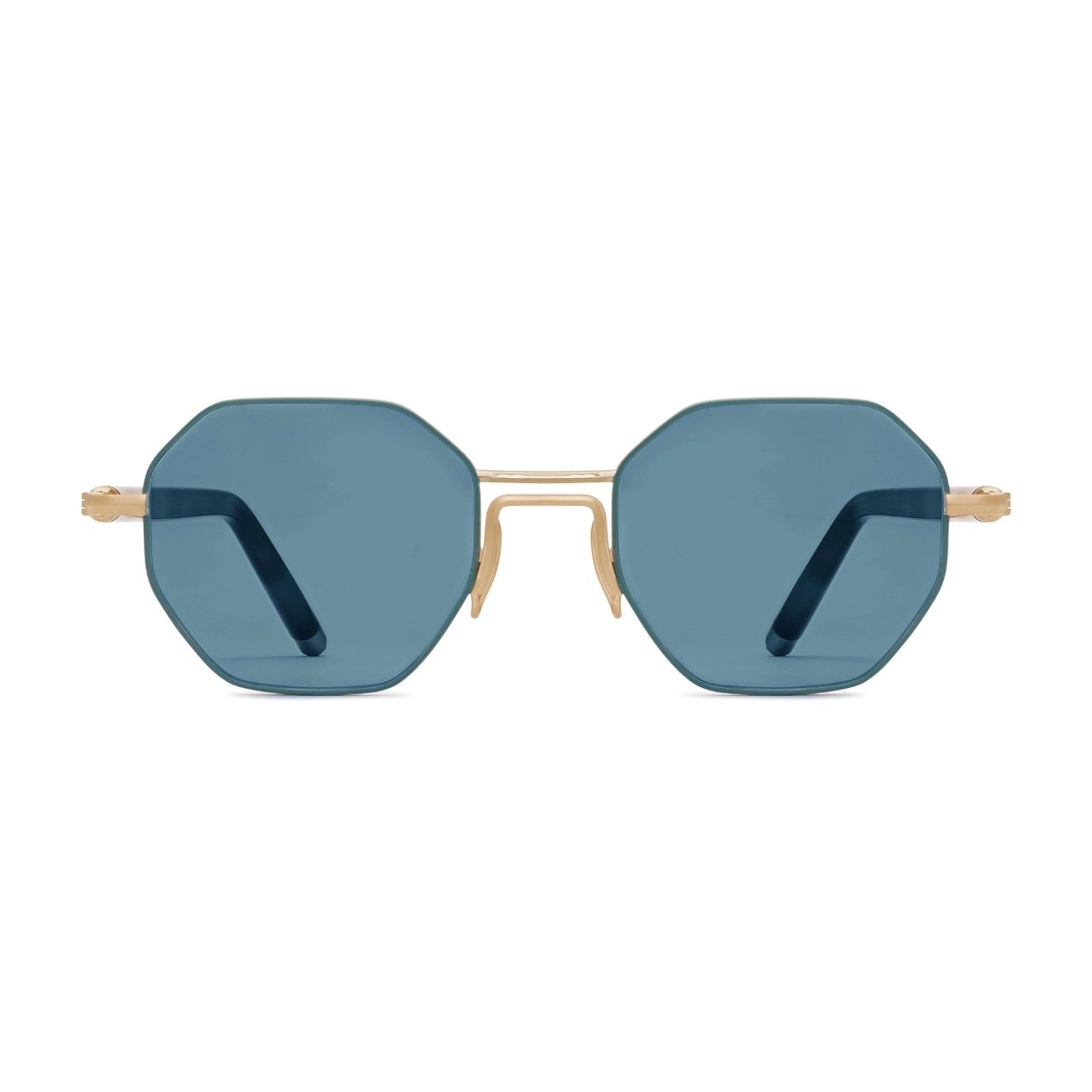 Morgenthal Frederics sunglasses in matte gold and blonde tortoise with blue tint
