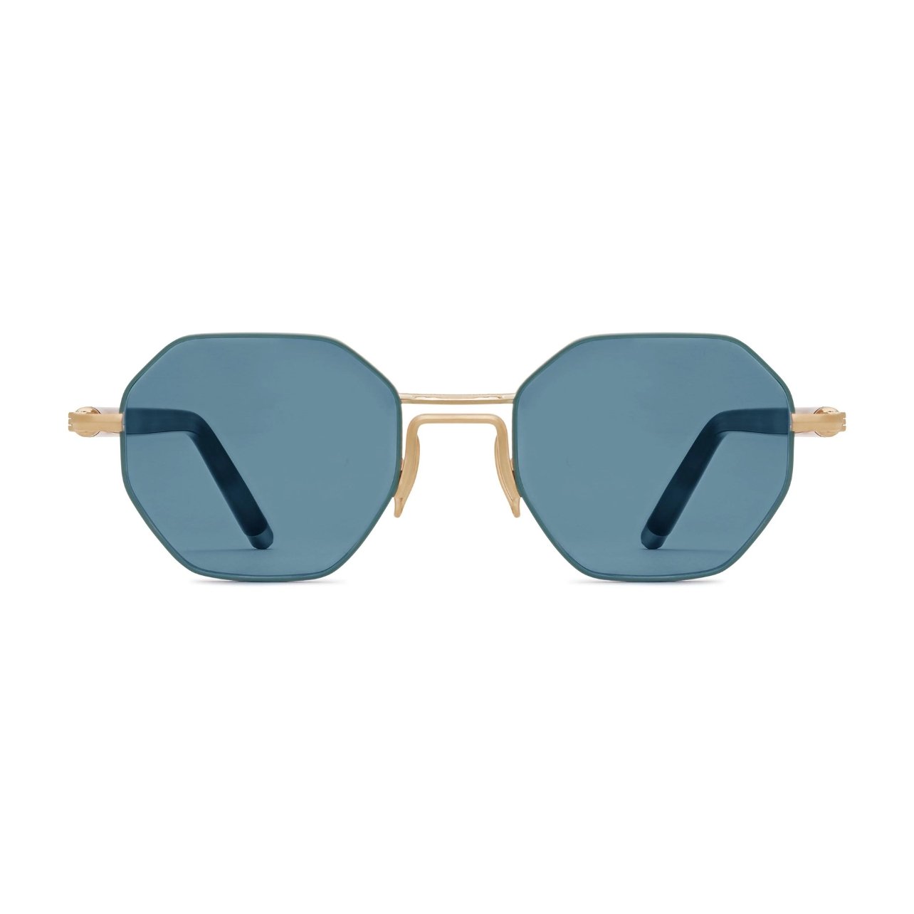 Morgenthal Frederics sunglasses in matte gold and blonde tortoise with blue tint