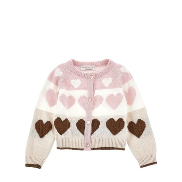 Monnalisa pink cream and brown super-soft hearts cardigan