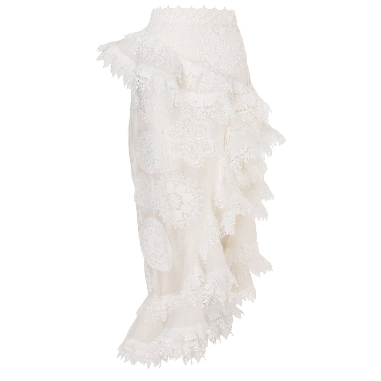 Zimmermann white ruffled lace asymmetrical maxi skirt