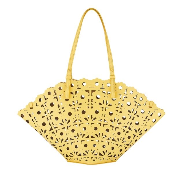Aquazzura yellow leather tote bag with floral cutouts