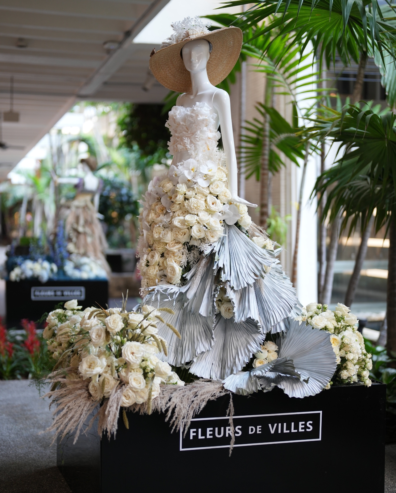 Floral mannequin with orchid dress at Bal Harbour Shops