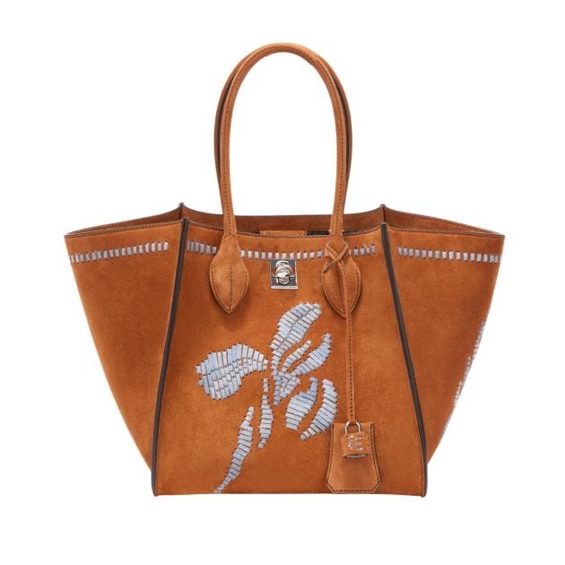 Ermanno Scervino’s large Maggie bag in camel suede with blue floral embroidery