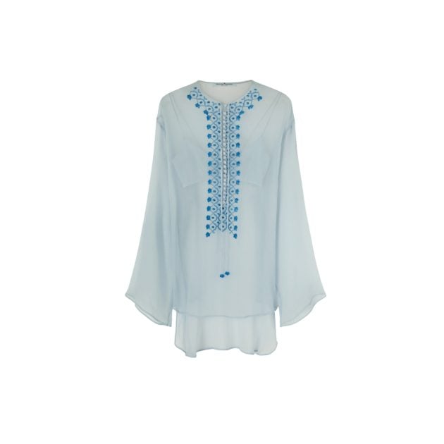 Ermanno Scervino’s silk crepponne kaftan shirt in light blue