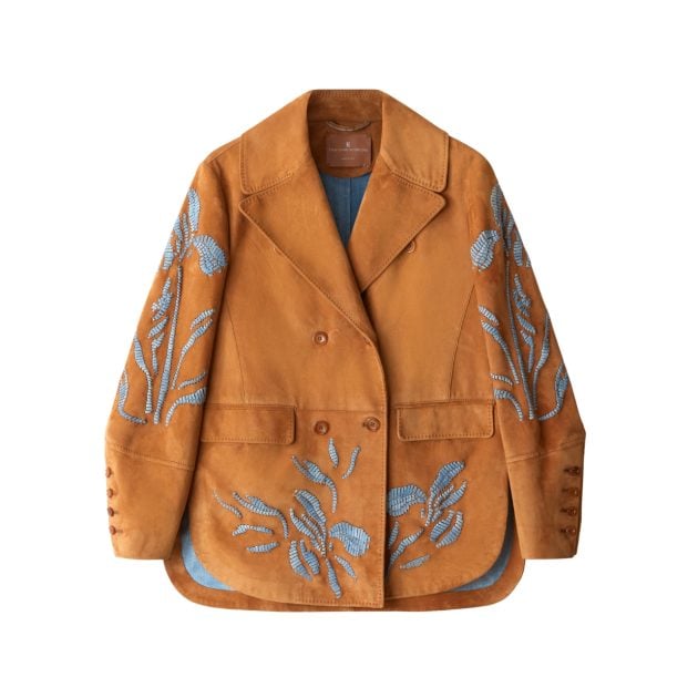 Ermanno Scervino’s single-breasted suede camel jacket with light blue embroidery
