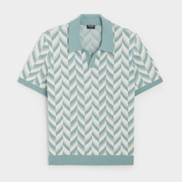 Todd Snyder seafoam green polo with herringbone pattern and drop-shoulder sleeves