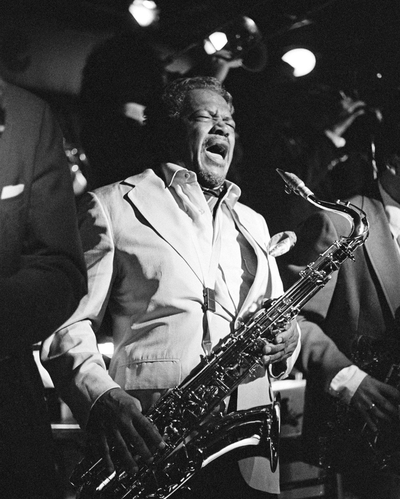 Black and white portrait of Illinois Jacquet performing in Paris 1988