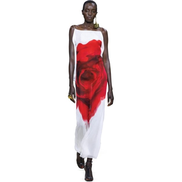 White silk dress with detailed rose graphics