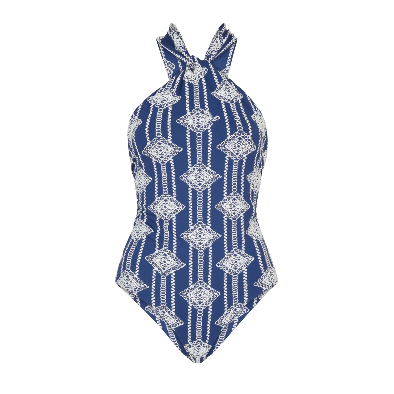Silvia Tcherassi blue halter one-piece bathing suit with white embroidery