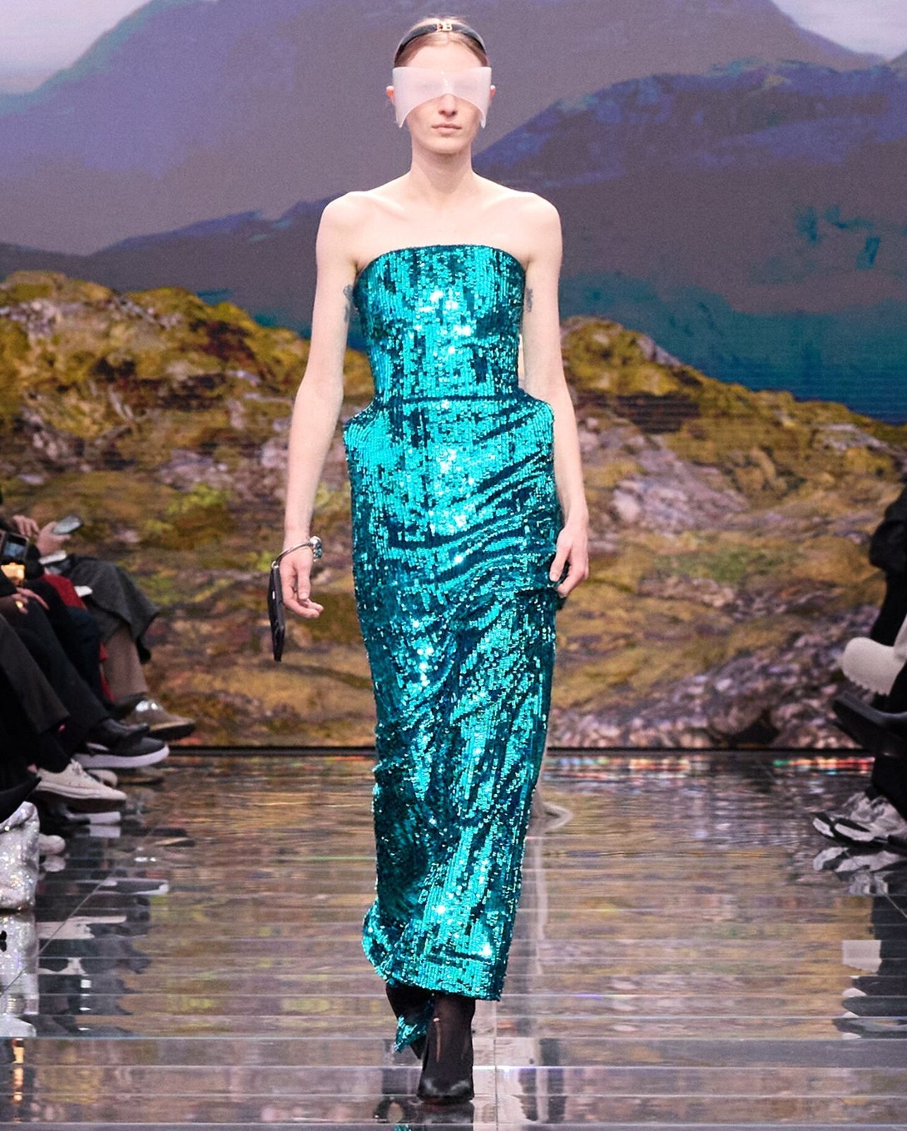 Balenciaga metallic iridescent blue strapless maxi dress on the runway for f/w 2024