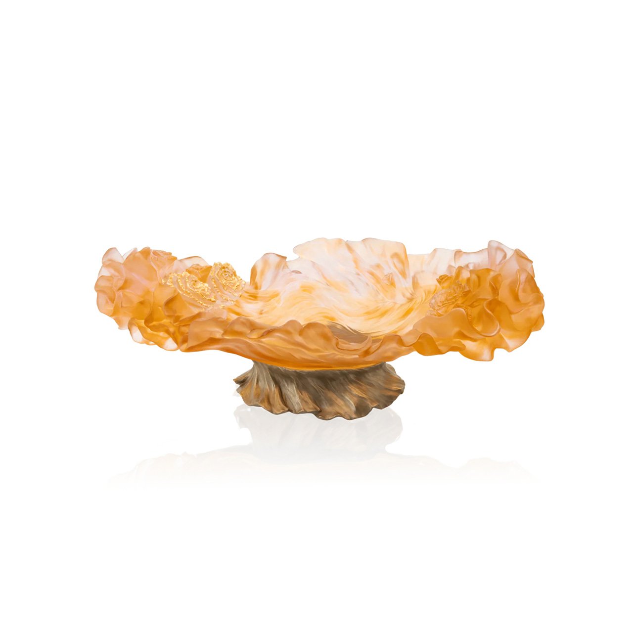 Daum Rose Royale Collection orange glass centerpiece with bronze base