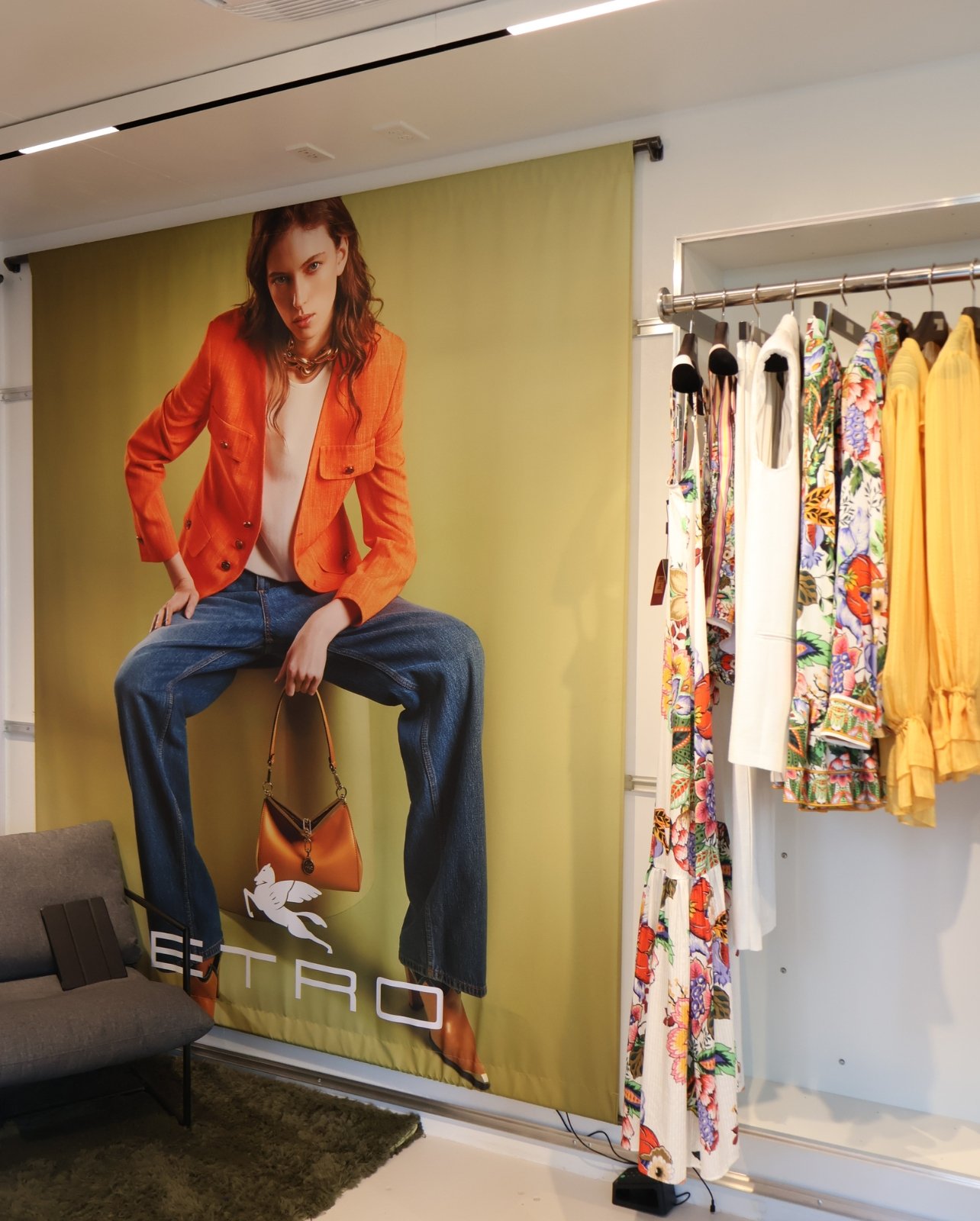 Portrait of the interior of the temporary Etro storefront at Bal Harbour Shops