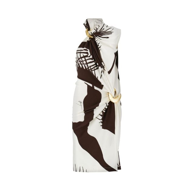 Brown and white printed asymmetric dress with gold hardware