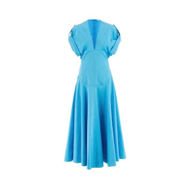 Blue long dress with flared skirt and v-neck collar