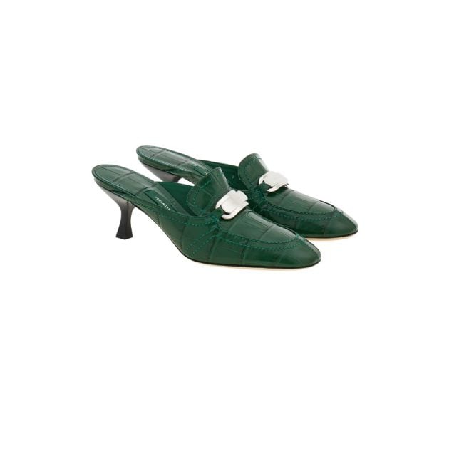Green Mule with silver buckle embellishment