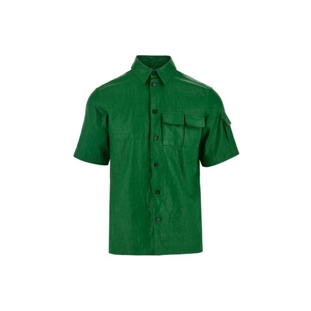Short sleeve mens green linen button-down shirt