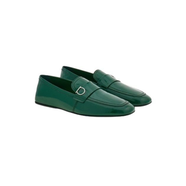 Green loafer with Gancini ornament in silver