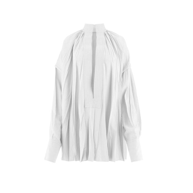 White long sleeve kaftan shirt with stripe detailing on the collar and neck
