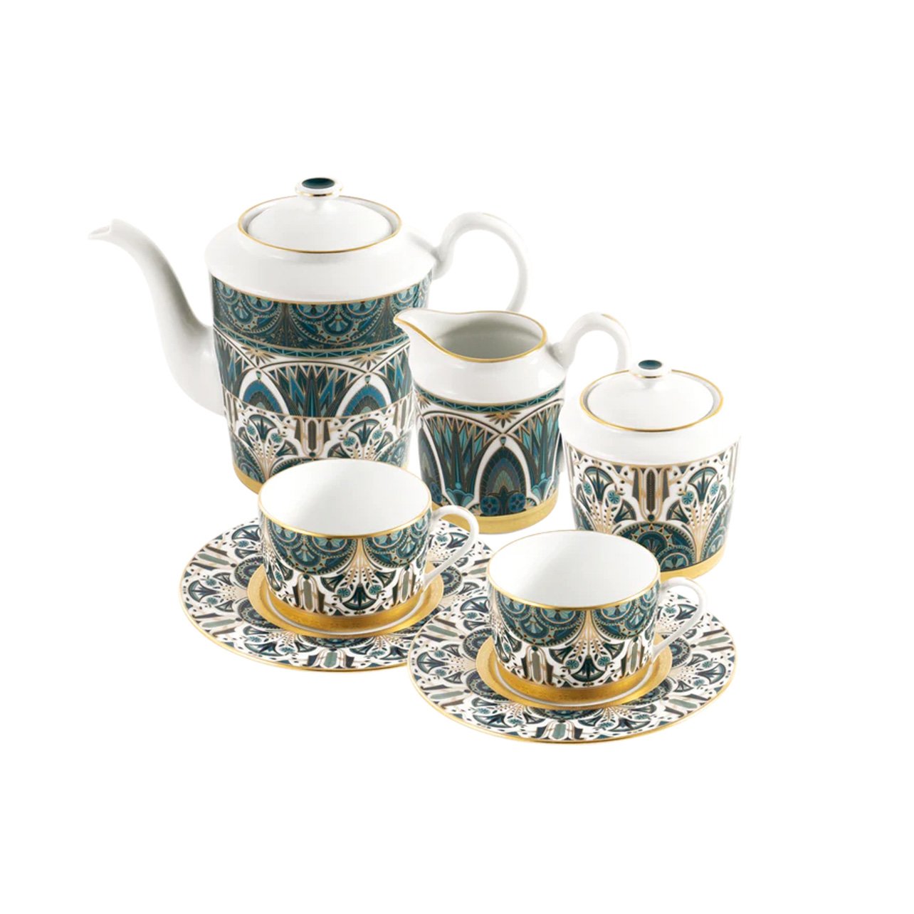 Haviland Rêves du Nil Collection Tea Set in blue and gold including teacups, saucers, teapot, creamer, sugar box