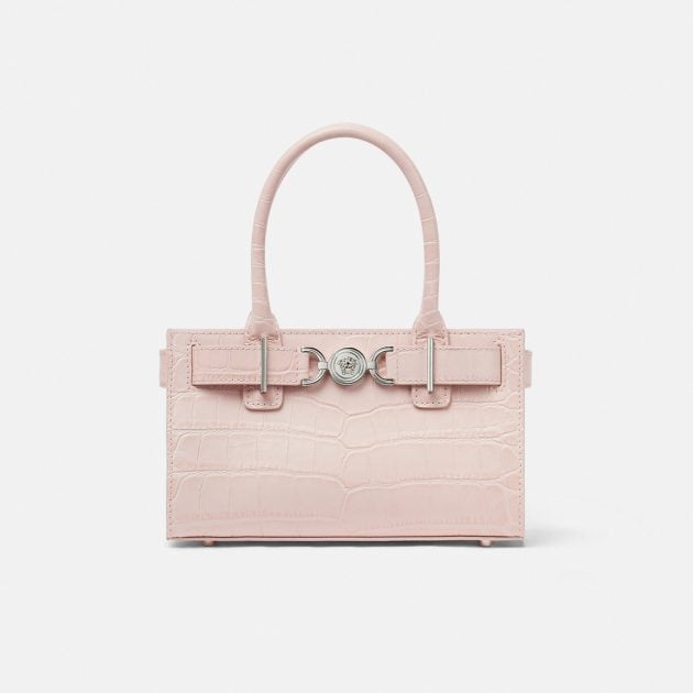 Versace pink croc effect small top-handle purse with silver hardware