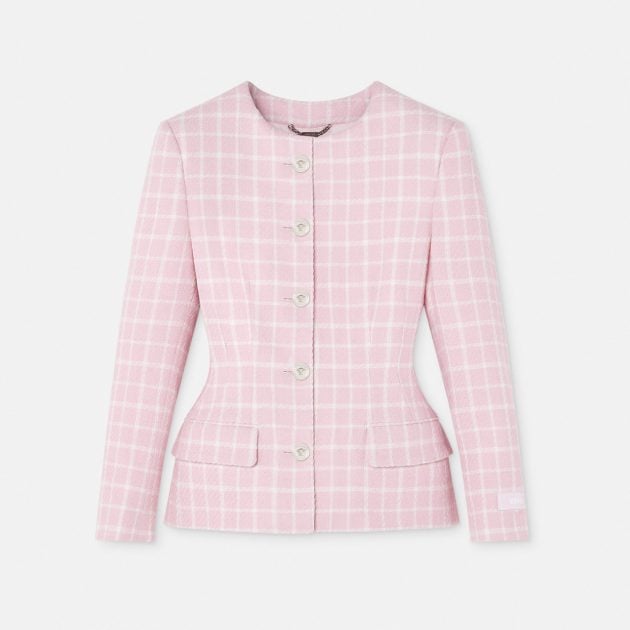 Versace pink and white stripe tweed fitted blazer