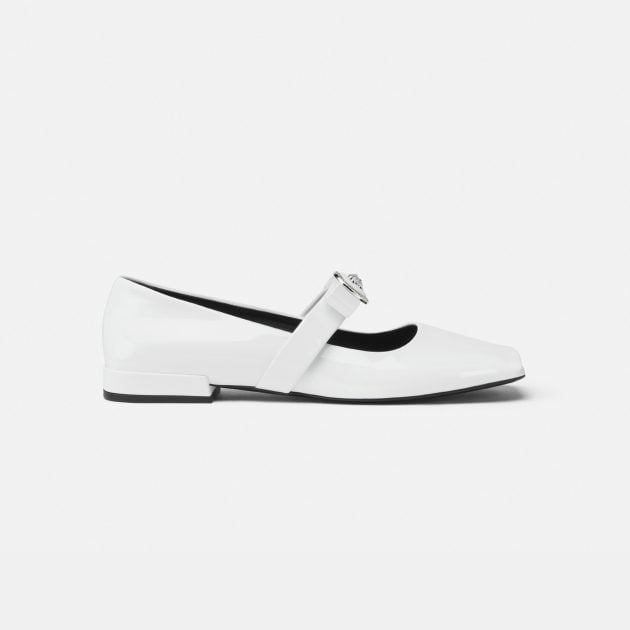 Versace white leather ballerina flat with strap and silver hardware
