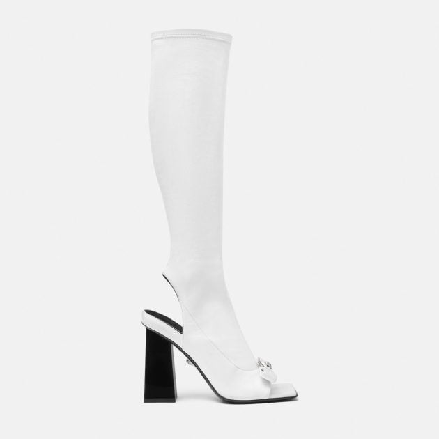 Versace white leather knee high boot with square peep toe