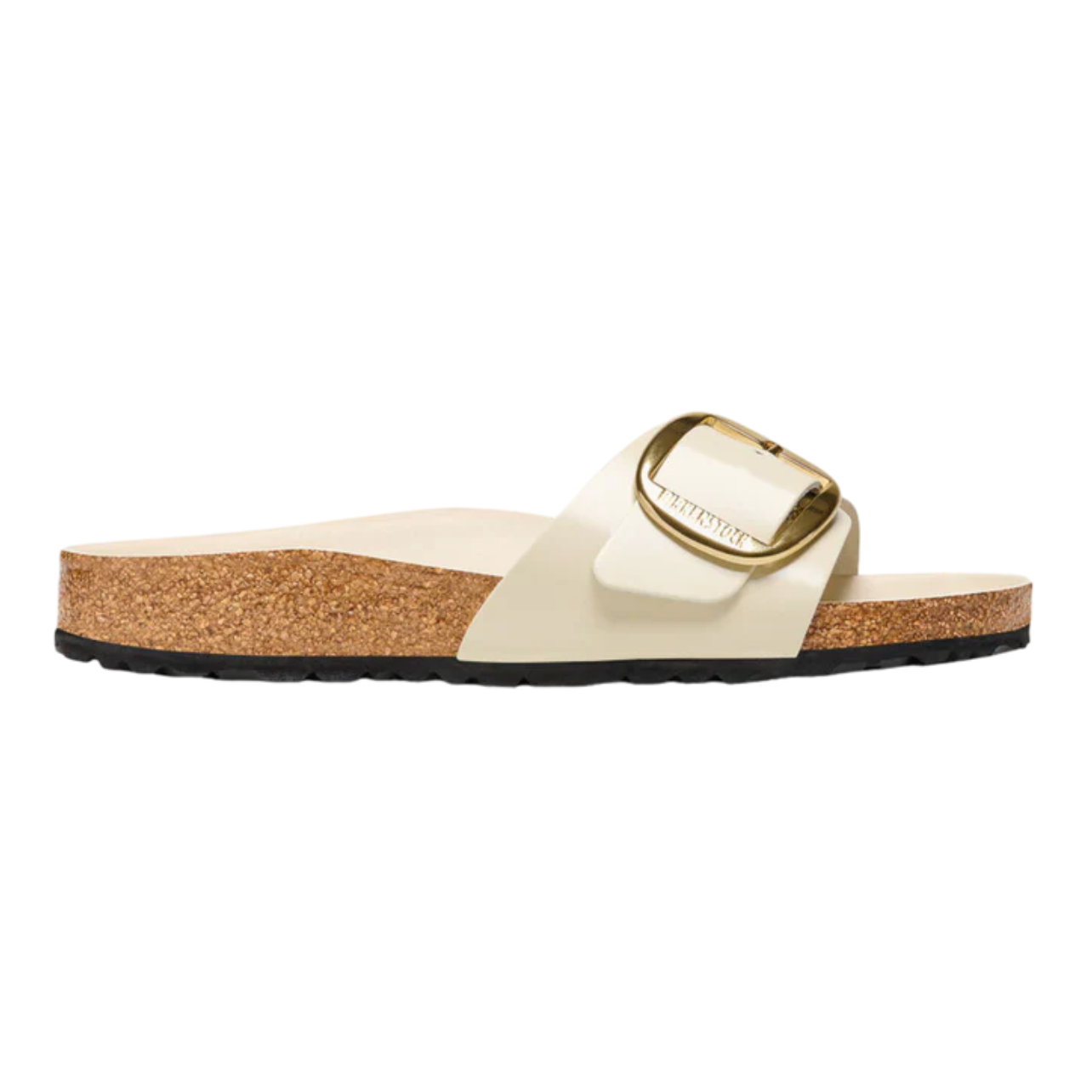 Birkenstock Slide in natural leather and a big gold buckle