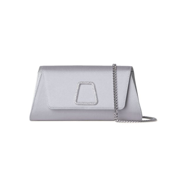Akris lavender satin clutch with crystal detailing and silver chain strap