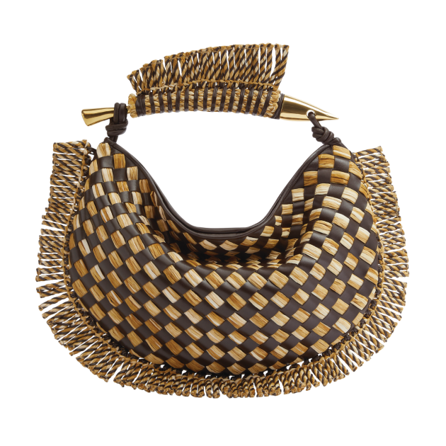 Bottega Veneta woven sardine bag with brown and natural colored checkered pattern