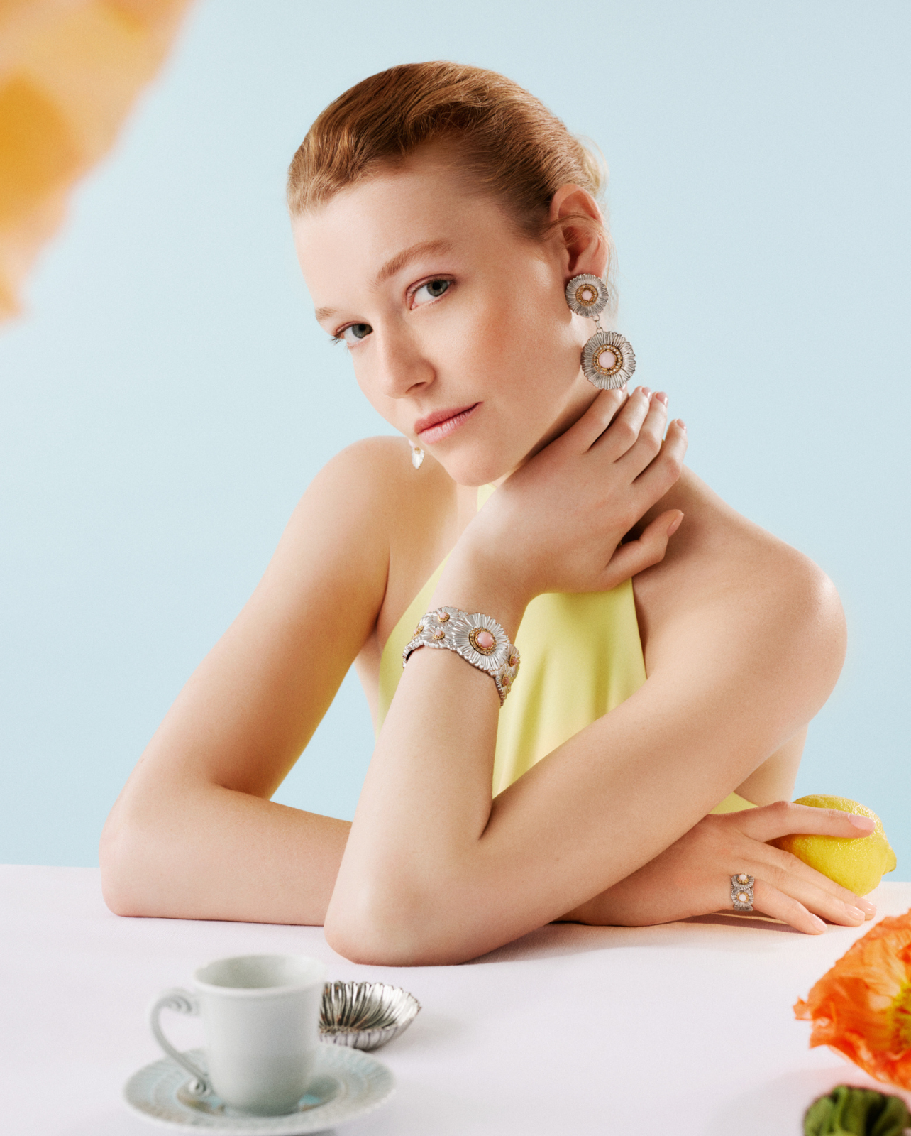 Buccellati Campaign featuring blossom collection jewelry on model