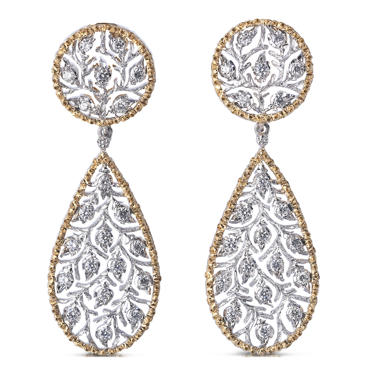 Buccellati ramage drop earrings with diamond floral detailing and gold trim