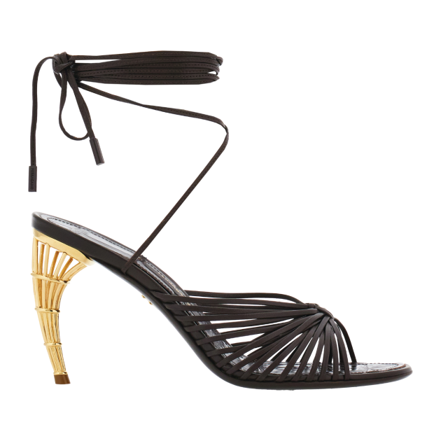 Ferragamo curved heel strappy sandal in chocolate brown with gold heel