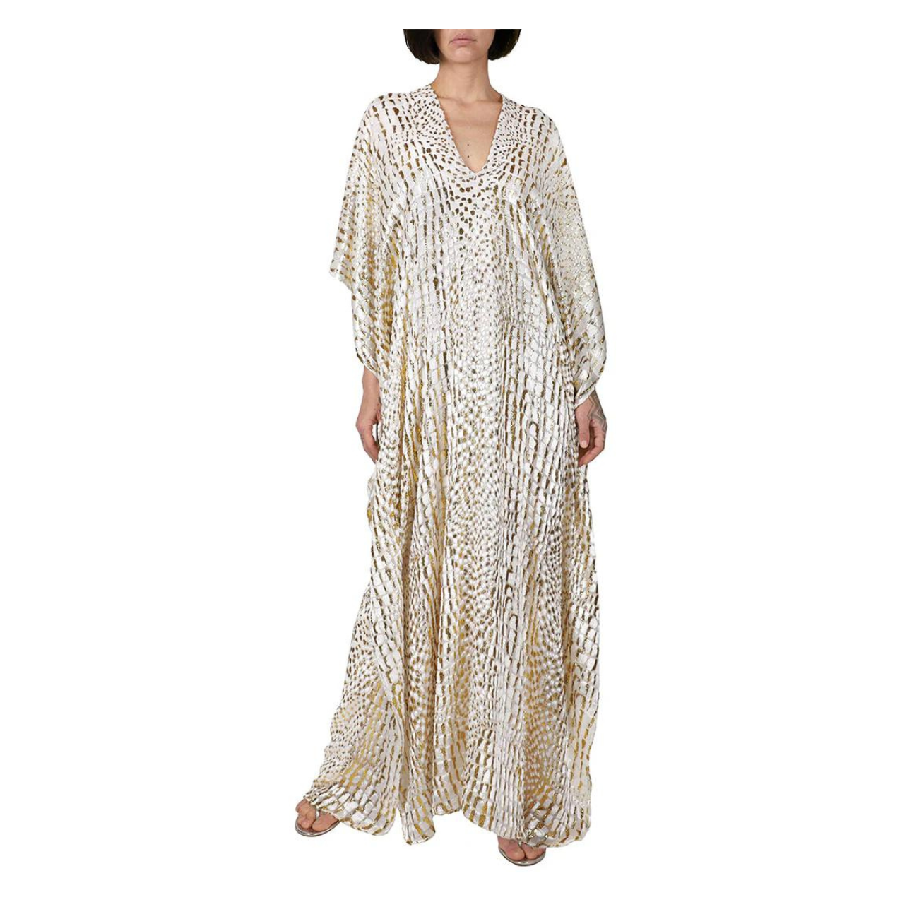 Marie France Van Damme printed caftan on model in white and gold croco pattern