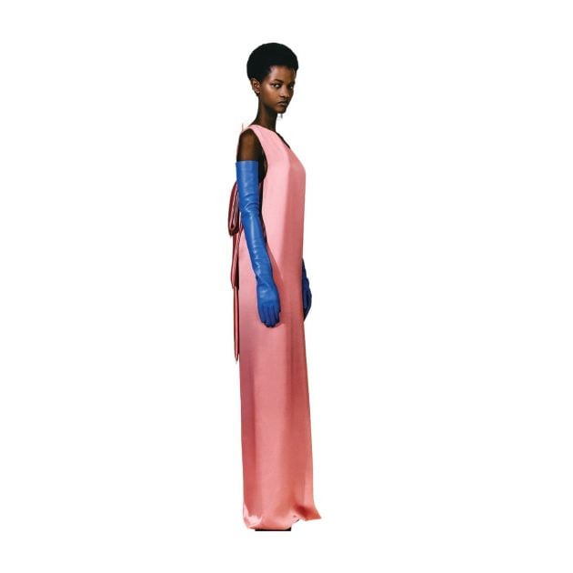 Model in Lanvin Pink Dress and blue Gloves from Spring Summer Collection