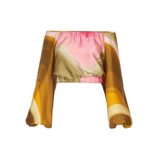 Silvia Tcherassi cropped silk blouse in olive and pink wave print